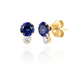 14K Gold Blue Sapphire Stud Earrings, Lab Grown, Moissanite Accents