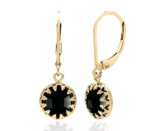 Black Onyx Drop Earrings, 14K Gold Filled, 8 mm Round Bezel-Set Cabochons