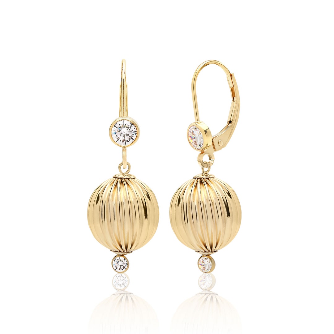 14K Gold Filled Fluted Ball Drop Leverback Earrings, Statement Earrings