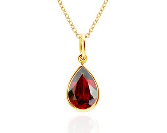 Garnet Pendant Necklace, 14K Gold Filled or Sterling Silver, 10x7mm Pear Shape Bezel-Set