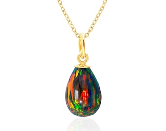 Black Fire Opal Pendant Necklace, 14K Gold Filled, 12x8mm Lab Created Teardrop