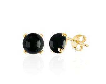 Small Black Onyx Stud Earrings, 14K Gold Filled, 6mm Round Cabochons