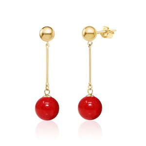 Red Coral Ball Drop Dangle Earrings for Women in 14K Gold Filled, Dyed Bamboo Coral Jewelry, 35th Anniversary Gifts for Her