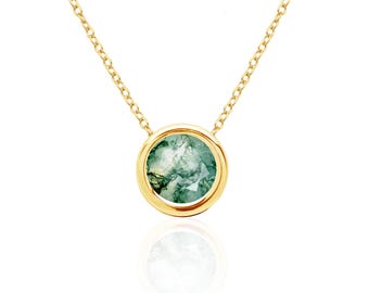 14K Yellow Gold Moss Agate Necklace, Floating Bezel Set Solitaire Pendant, 8mm Round Faceted