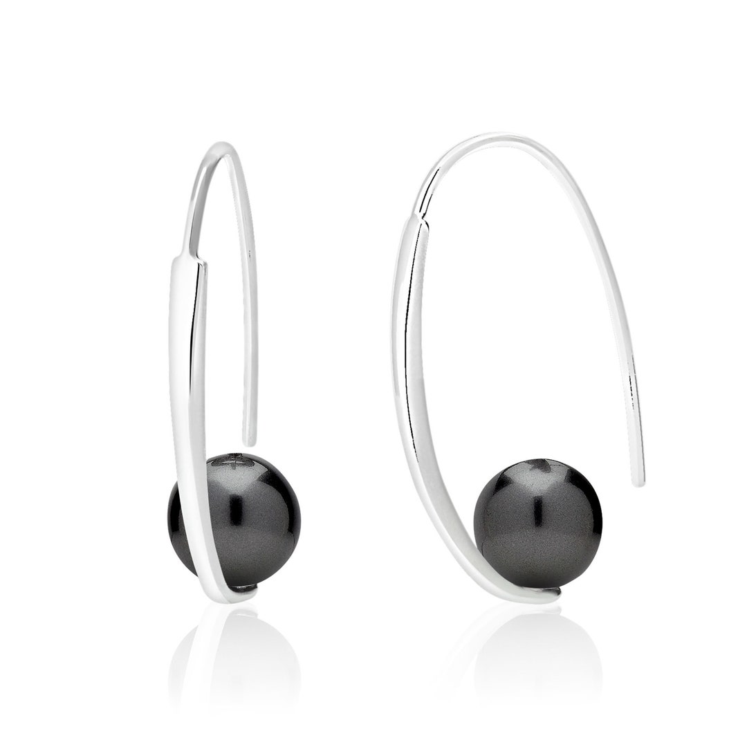 Black Pearl Hoop Drop Earrings Sterling Silver, Crystal Pearl Jewelry ...