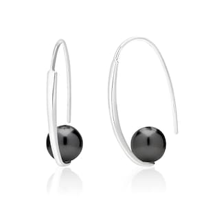Black Pearl Hoop Drop Earrings Sterling Silver, Crystal Pearl Jewelry, 3rd or 30th Anniversary Gift, Unique Jewelry