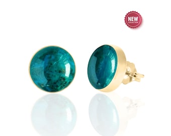 Chrysocolla Stud Earrings 14K Gold Filled | Blue Green Gemstone Jewelry