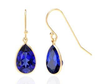 Lab Created Sapphire Teardrop Earrings, 14K Gold Filled or Sterling Silver