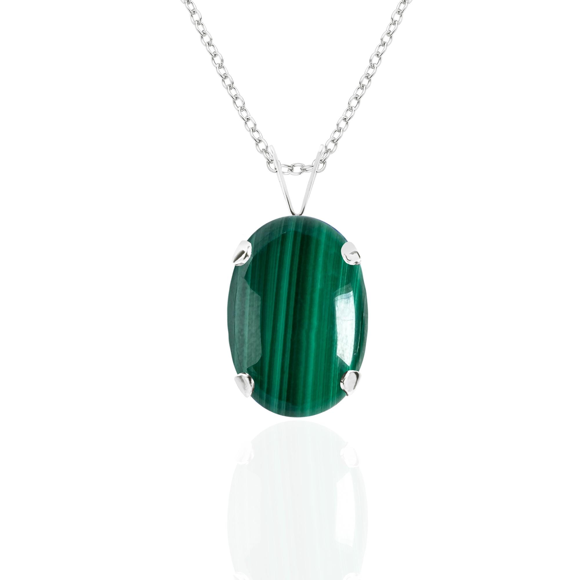 14K Malachite Pendant Necklace, 14x10 Mm Oval Green Gemstone, May