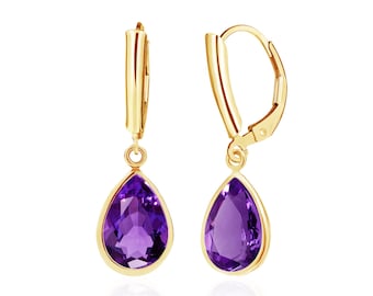 Purple Amethyst Earrings, 14K Gold Filled, 10x7mm Pear Shaped Bezel-Set Drops