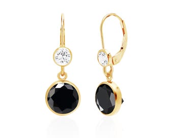 Black Onyx Earrings, 14K Gold Filled, 8mm Round Bezel-Set Drops