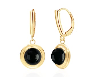 Black Onyx Drop Earrings, 14K Gold Filled, Shield Accented Lever Backs