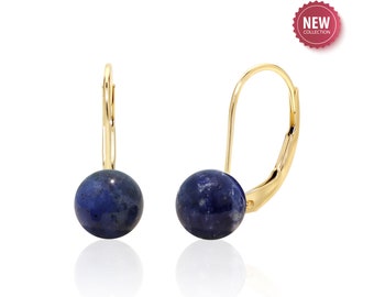Natural Sodalite Earrings in 14K Solid Gold, Denim Blue Sodalite Jewelry, Handmade Artisan Stone Earrings