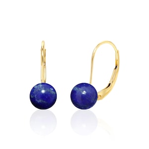 Lapis Lazuli Drop Earrings in 14K Gold - 8mm Round Cobalt Blue Gemstones with Leverbacks, 9th Anniversary Gift, September Birthstone Jewelry