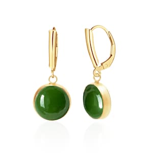 Green Jade Drop Earrings, 14K Gold Filled, 12mm Bezel-Set Cabochon