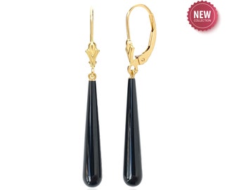 14K Gold Black Onyx Earrings, 40x8mm Smooth Teardrops
