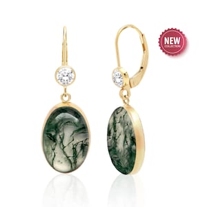 Moss Agate Earrings in 14K Gold-Filled with Clear Quartz Doublet and White Topaz Accents – Elegant Nature-inspired Gemstone Jewelry