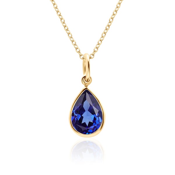 Blue Sapphire Teardrop Necklace in 14K Gold Filled or Sterling Silver, Lab Created Sapphire, September Birthstone, 5th or 45th Anniversary