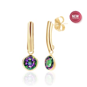14K Yellow Gold Mystic Topaz Earrings, Rainbow Gemstone Jewelry for Everyday or Occasion Wear