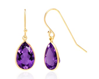 Natural Amethyst Earrings, 14K Gold Filled, 12x8mm Pear Drop, Purple Gemstone