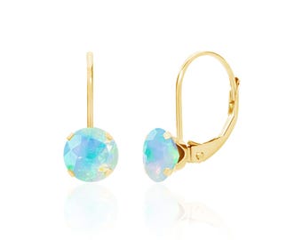 Natural Ethiopian Opal Earrings, 14K Yellow or White Gold, 6mm Faceted Gemstones