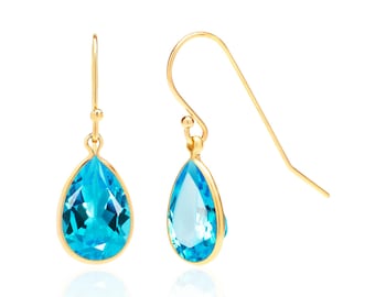Swiss Blue Topaz Earrings, 14K Gold Filled, 12x8mm Pear Shaped Drops
