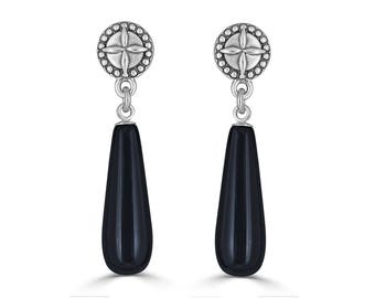 Black Onyx Teardrop Earrings, Rhodium Plated Sterling Silver