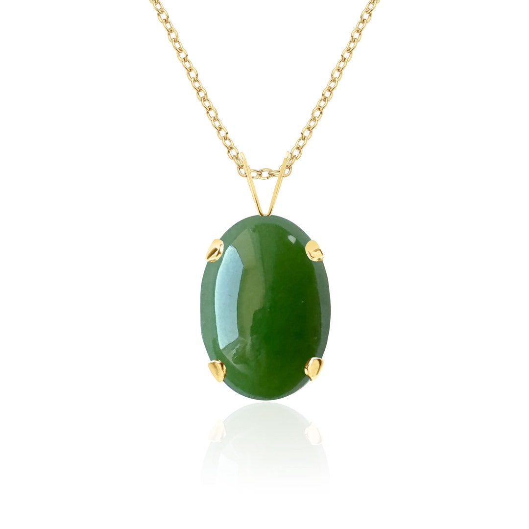 Oval Green Jade Pendant Necklace in 14K Solid Gold 14K Gold