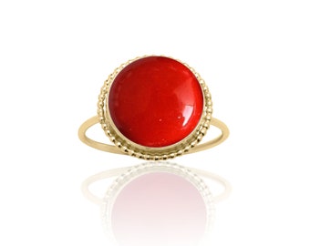 12 mm Round Red Coral Ring for Women 14K Gold Filled, Red Stone Semiprecious Ring for Women, 35th Anniversary Gift for Her