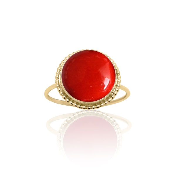 12 mm Round Red Coral Ring for Women 14K Gold Filled, Red Stone Semiprecious Ring for Women, 35th Anniversary Gift for Her