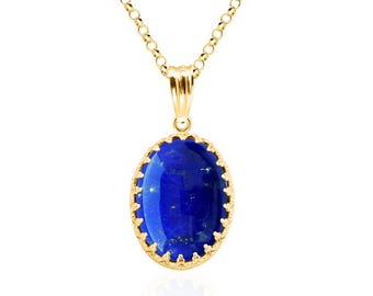 Lapis Lazuli Pendant Necklace, 14K Gold Filled, 18x13mm Oval Cobalt Blue Gemstone