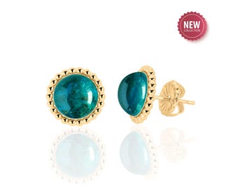 Chrysocolla Stud Earrings in 14K Gold Filled, Blue Green Gemstone Jewelry