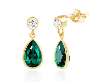 Lab Created Emerald Earrings, 14K Gold Filled, 10x7 Pear-cut, White Topaz Studs