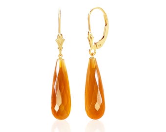 14K Gold Carnelian Earrings - 25x8 mm Teardrops, 17th Anniversary Jewelry