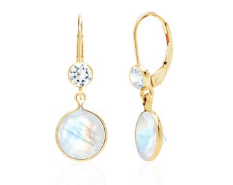 Rainbow Moonstone Drop Earrings, 14K Gold Filled, 8mm Round Bezel-Set