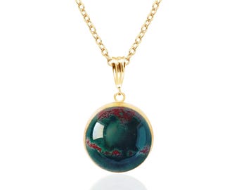 Bloodstone Pendant Necklace, 14K Gold Filled, Natural 12mm Round Cabochon