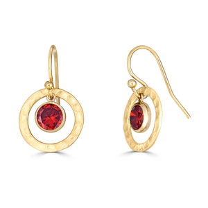 Ruby Earrings in Hammered 14K Gold Filled or Sterling Silver, Lab Created Ruby Jewelry, 15th or 40th Anniversary, July Birthstone Earrings