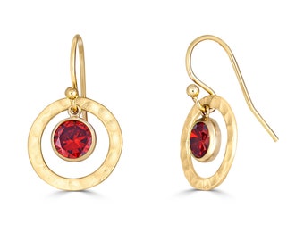 Ruby Earrings in Hammered 14K Gold Filled or Sterling Silver, Lab Created Ruby Jewelry, 15th or 40th Anniversary, July Birthstone Earrings