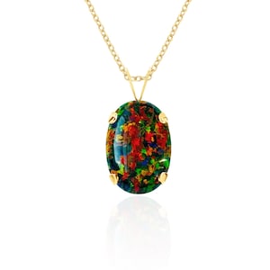 Black Fire Opal Pendant Necklace 14K Solid Gold / Sterling Silver / 14K Gold Filled, Lab Created Opal Jewelry, October Birthstone