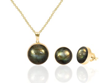14K Gold-Filled Labradorite Jewelry Set | Iridescent Pendant Necklace and Stud Earrings