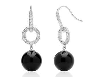 Black Onyx Earrings, Rhodium Plated Sterling Silver, 12mm Ball Drops
