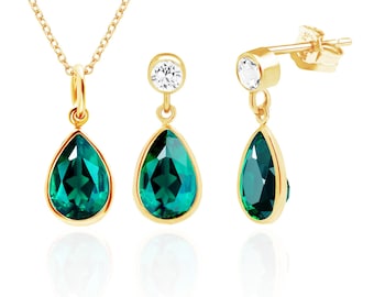 Lab Grown Emerald Jewelry Set, Pendant Necklace and Drop Earrings, 14K Gold Filled