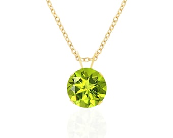 14K Gold Peridot Necklace, 8mm Round Solitaire Pendant