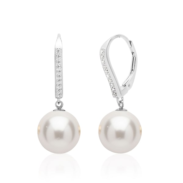 10 mm Pearl Drop Earrings in Sterling Silver, Bridal Pearl Earrings Dangle , 3rd or 30th Anniversary Gift, Mothers Day Gift for Mom