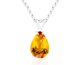 Citrine Necklace, Sterling Silver, 13x9mm Pear-Shaped Solitaire Pendant