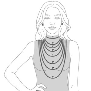 May include: A line drawing of a person wearing a necklace with different lengths marked in inches, from 14 inches to 30 inches.