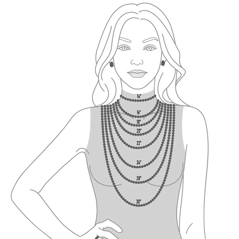 May include: A line drawing of a person wearing a necklace with different lengths marked in inches, from 14 inches to 30 inches.