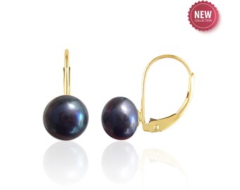 8-8.5 mm Black Pearl Earrings in 14K Gold, Natural Freshwater Pear Jewelry, 3rd or 30th Anniversary Gift, Mothers Day Gift for Mom or Wife