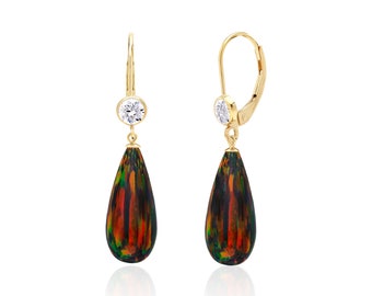 Black Fire Opal Teardrop Earrings in 14K Gold Filled or Sterling Silver, Opal Jewelry for Women, October Birthstone, 14th Anniversary Gift