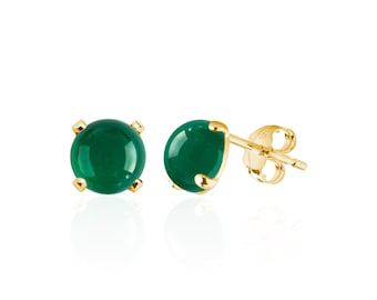 Small Green Onyx Stud Earrings, 14K Gold Filled, 6mm Round Cabochons